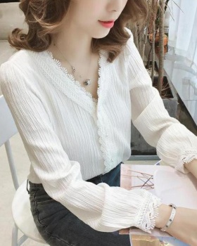 White V-neck lace shirt loose long sleeve tops for women