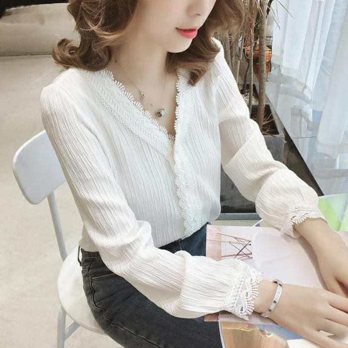 White V-neck lace shirt loose long sleeve tops for women