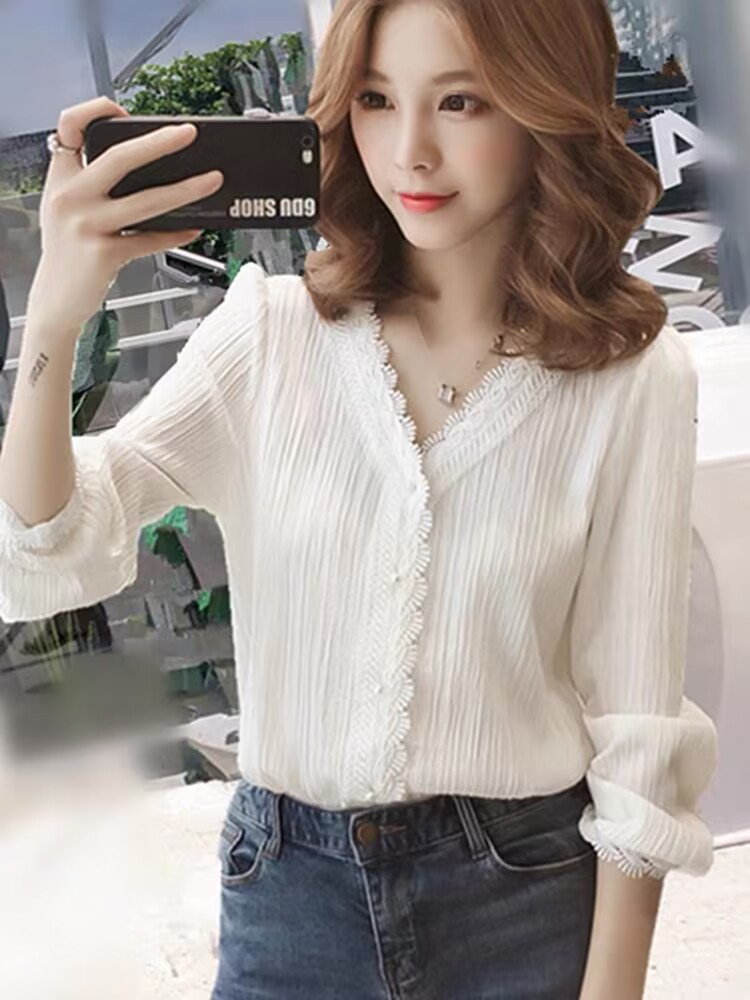 White V-neck lace shirt loose long sleeve tops for women