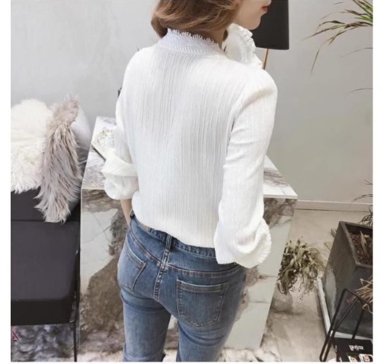 White V-neck lace shirt loose long sleeve tops for women