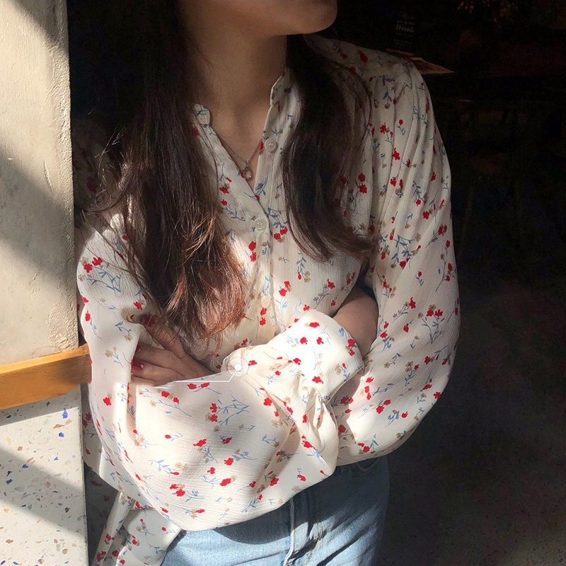 Spring floral tops long sleeve shirt for women