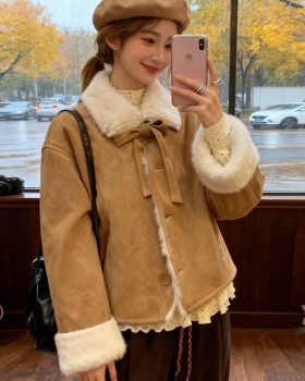 Plush suede short lambs wool brown winter tops