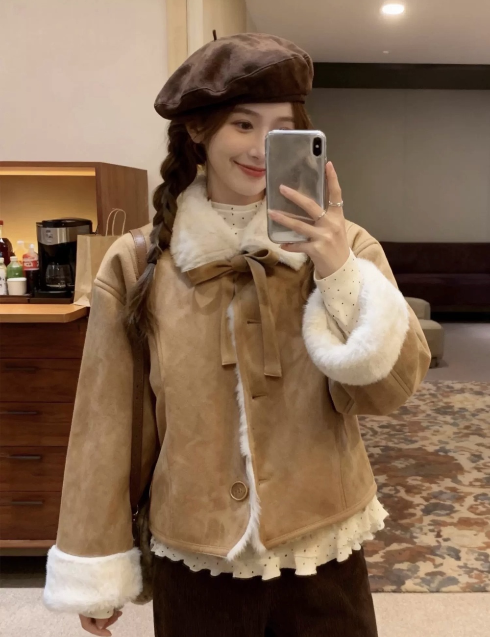 Plush suede short lambs wool brown winter tops