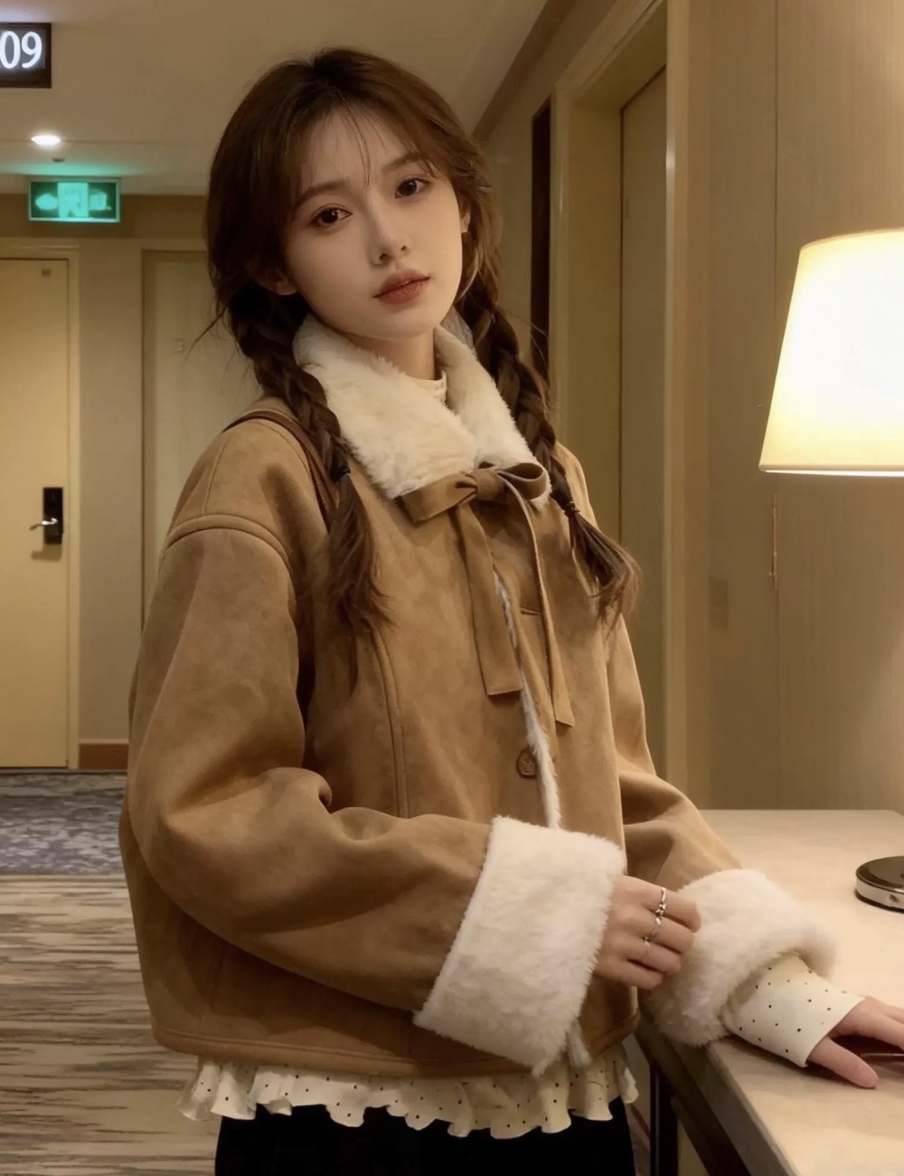 Plush suede short lambs wool brown winter tops