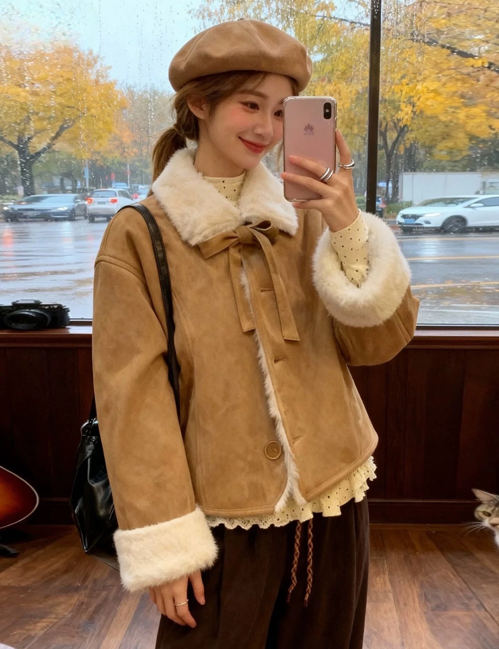 Plush suede short lambs wool brown winter tops