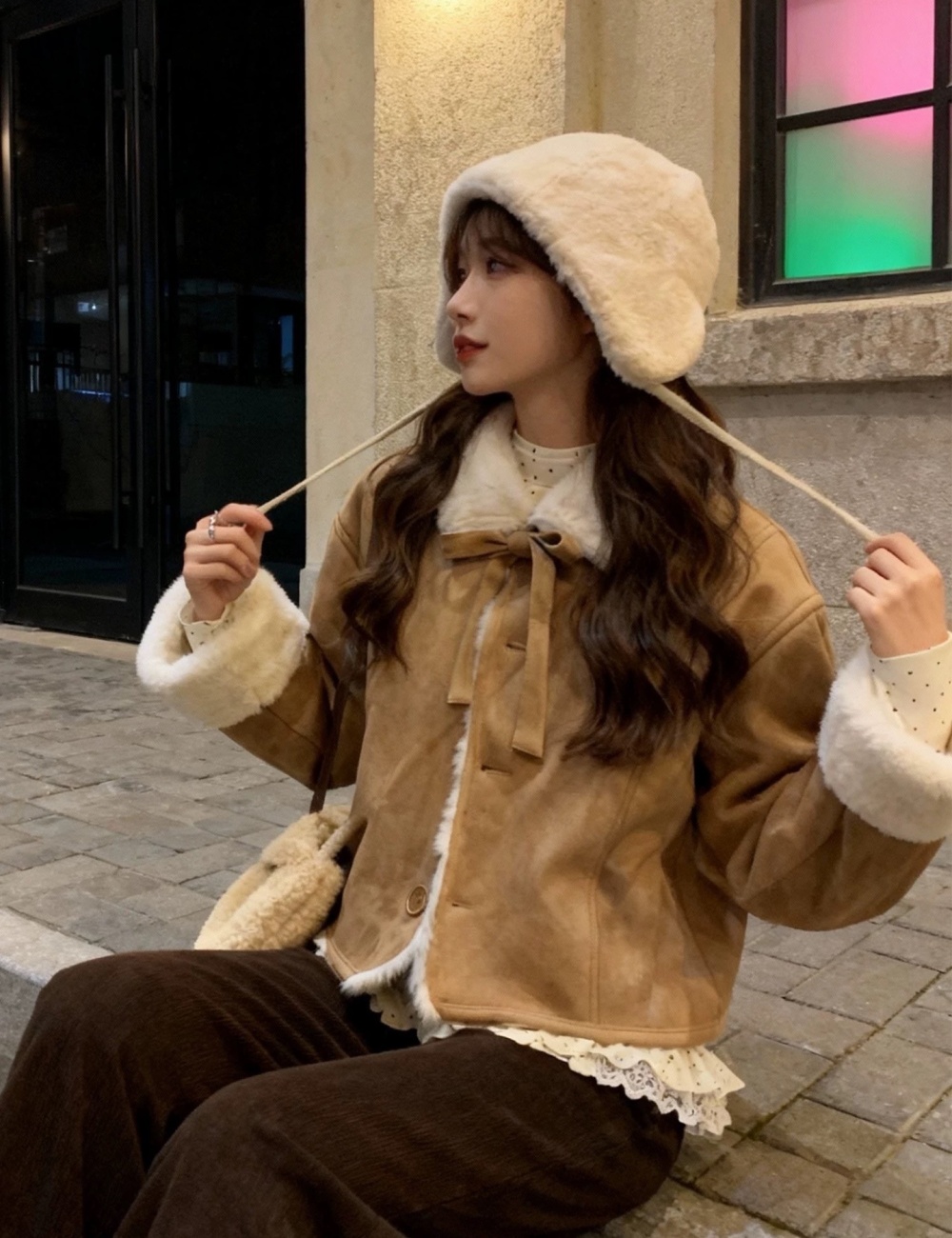 Plush suede short lambs wool brown winter tops