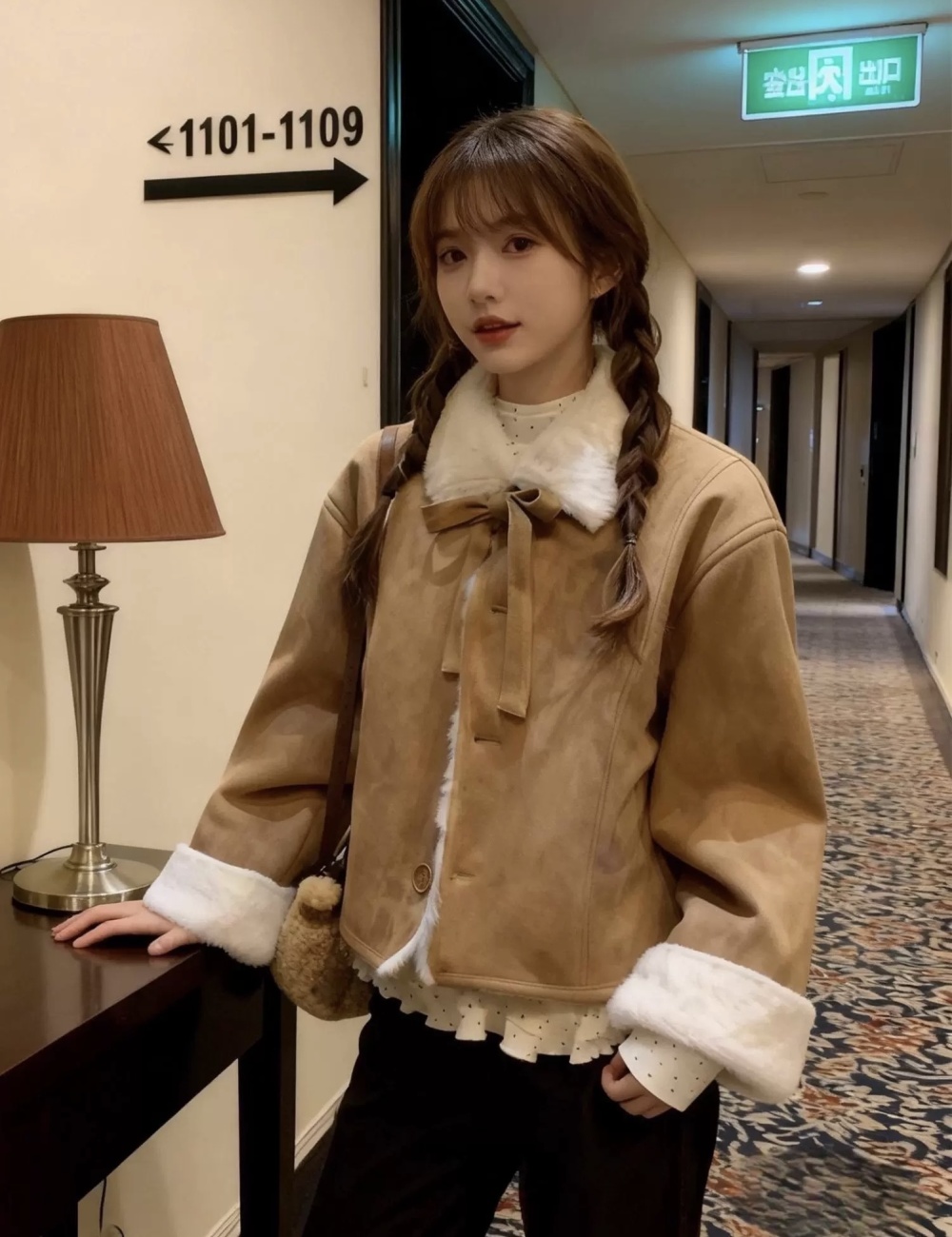 Plush suede short lambs wool brown winter tops