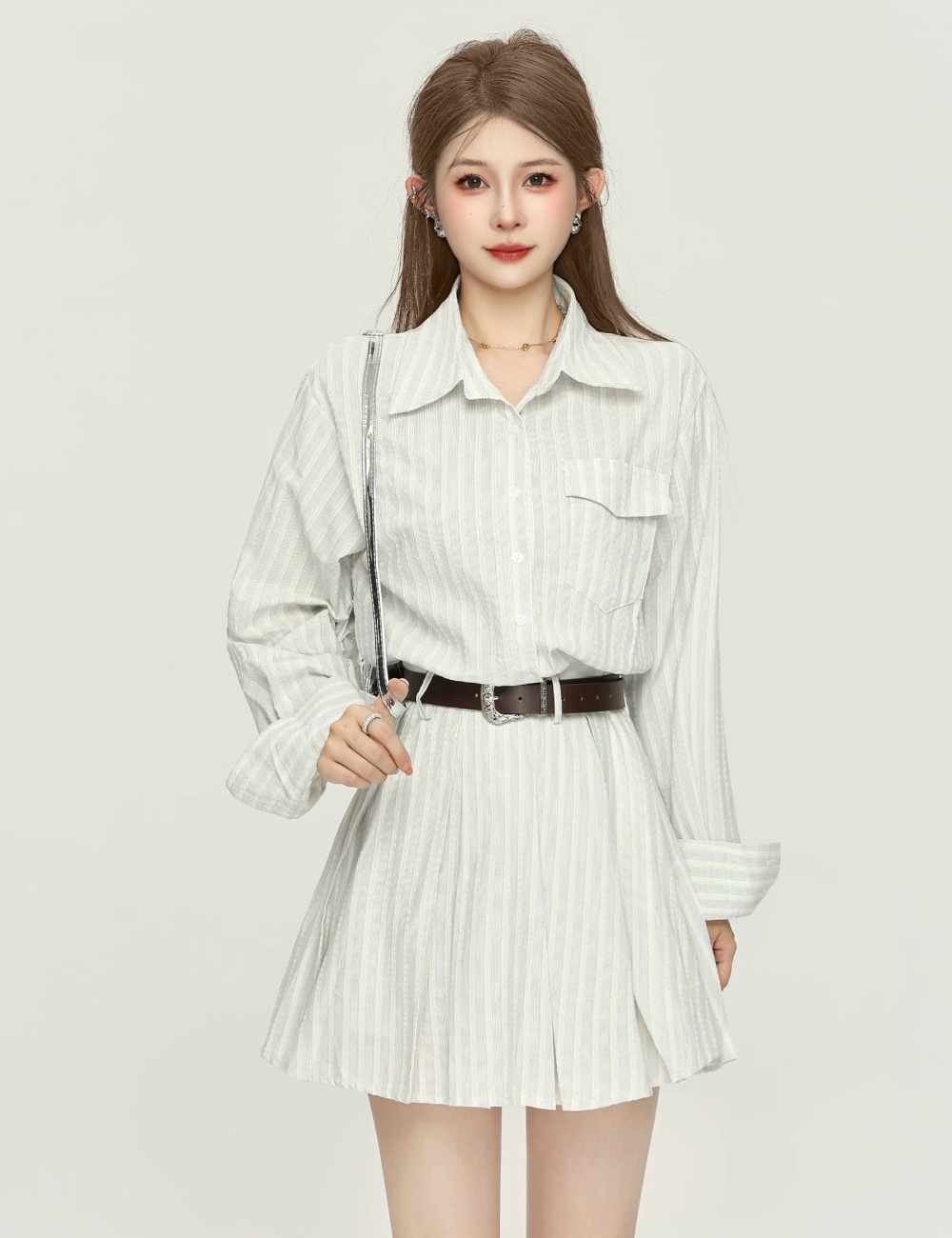 Autumn long sleeve belt travel stripe shirt for women