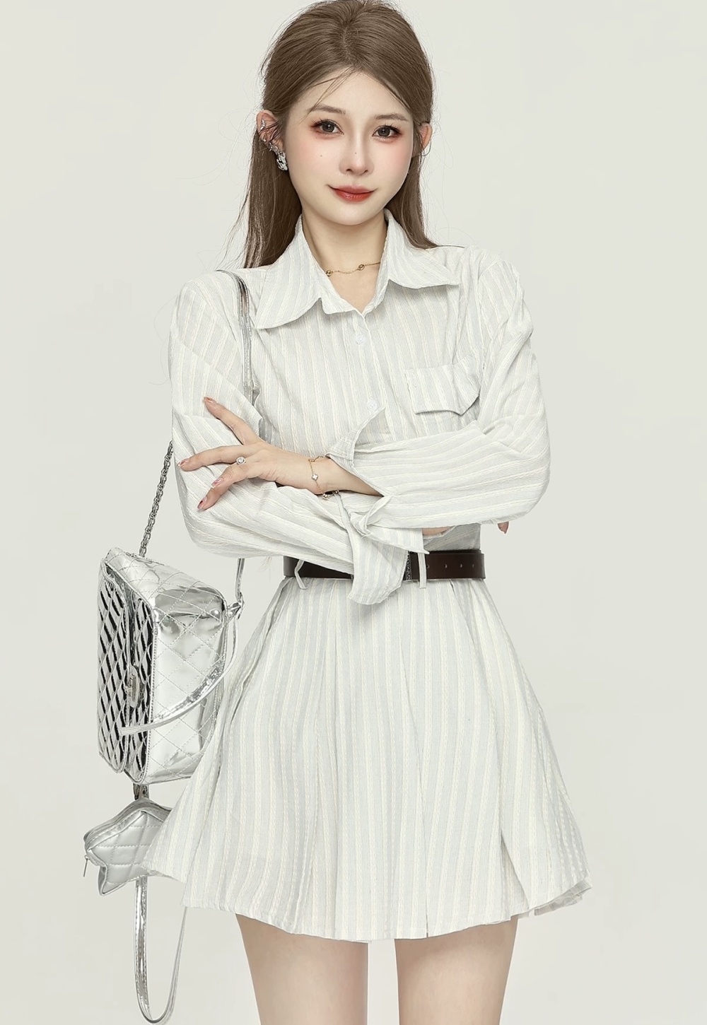 Autumn long sleeve belt travel stripe shirt for women