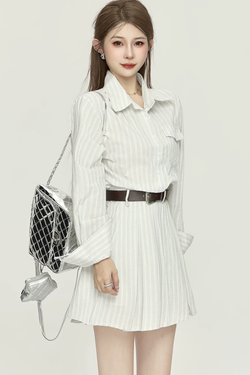 Autumn long sleeve belt travel stripe shirt for women