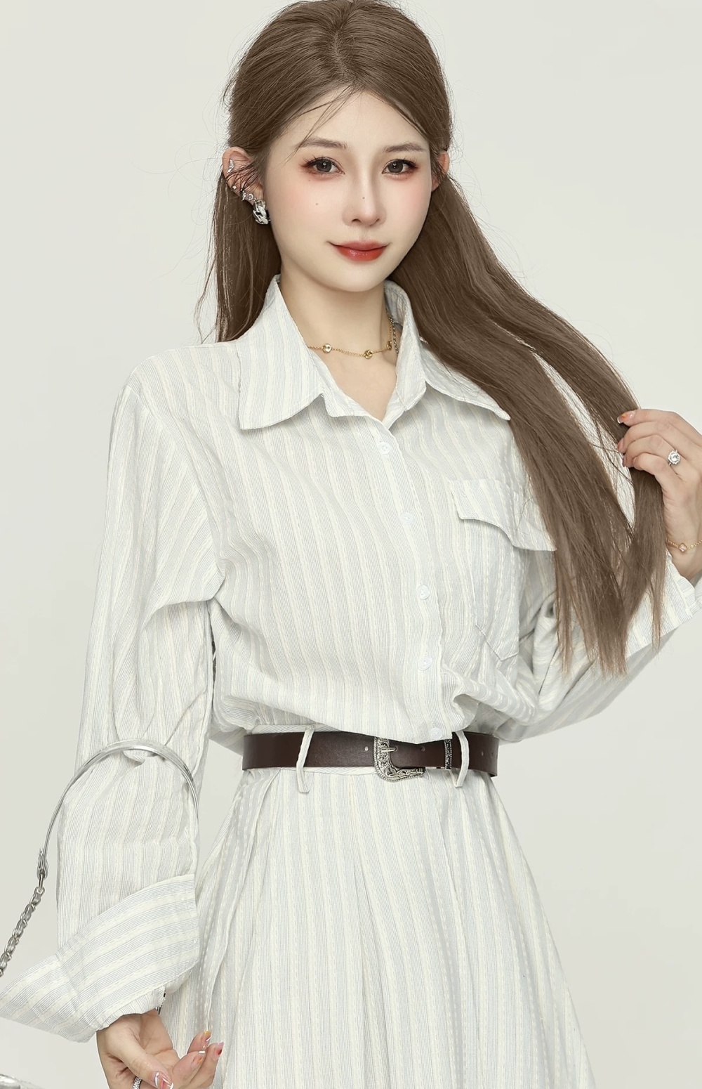 Autumn long sleeve belt travel stripe shirt for women