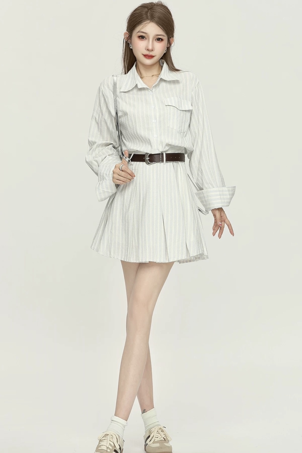Autumn long sleeve belt travel stripe shirt for women