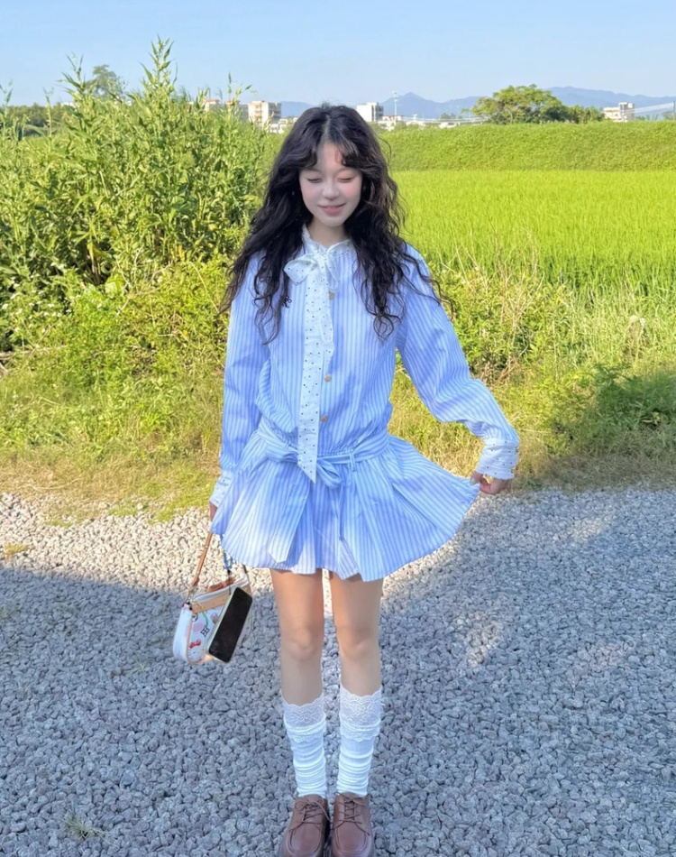 Autumn stripe shirt college style dress for women