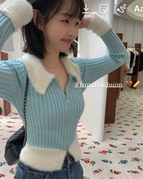 Splice slim fur collar cardigan short blue sweater for women