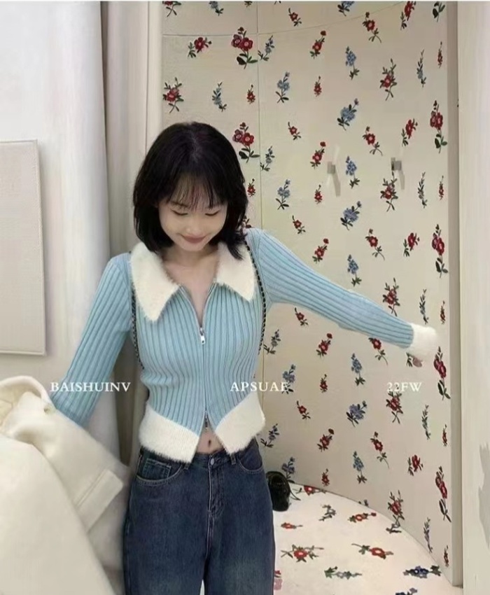 Splice slim fur collar cardigan short blue sweater for women