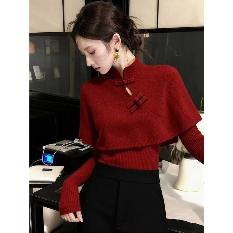Autumn and winter red tops Chinese style light sweater