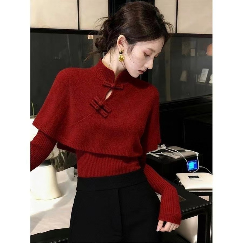 Autumn and winter red tops Chinese style light sweater