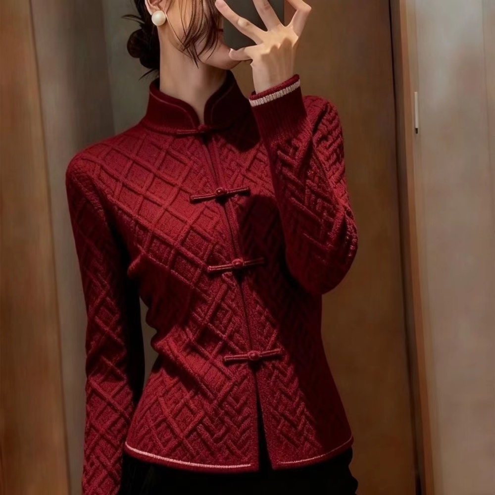 Red Chinese style tops autumn and winter light sweater