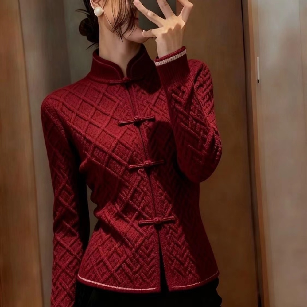 Red Chinese style tops autumn and winter light sweater