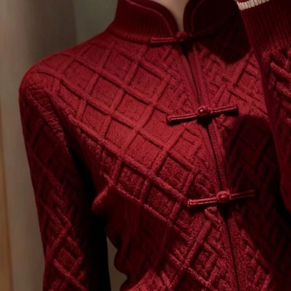 Red Chinese style tops autumn and winter light sweater