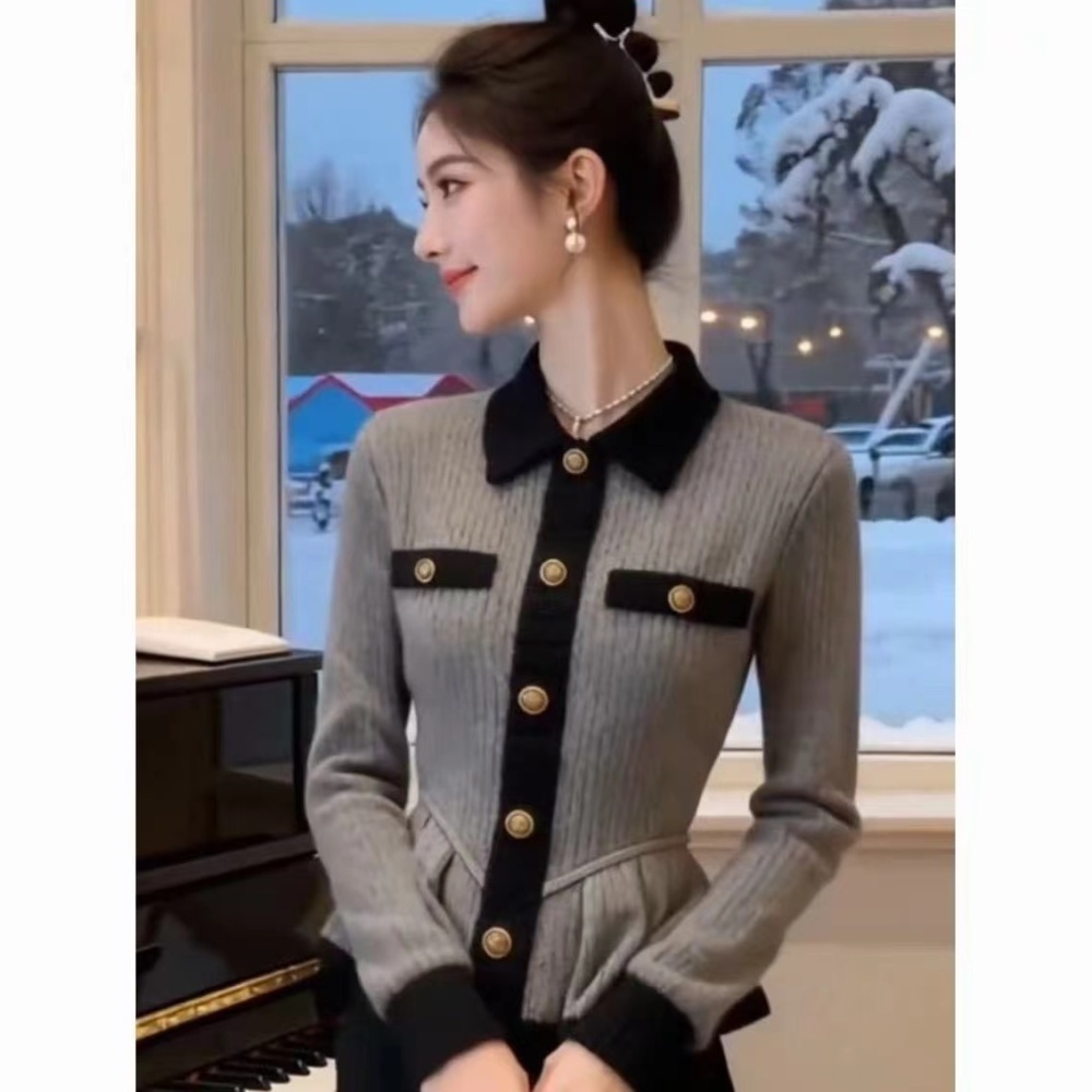 Knitted gray coat splice sweater for women