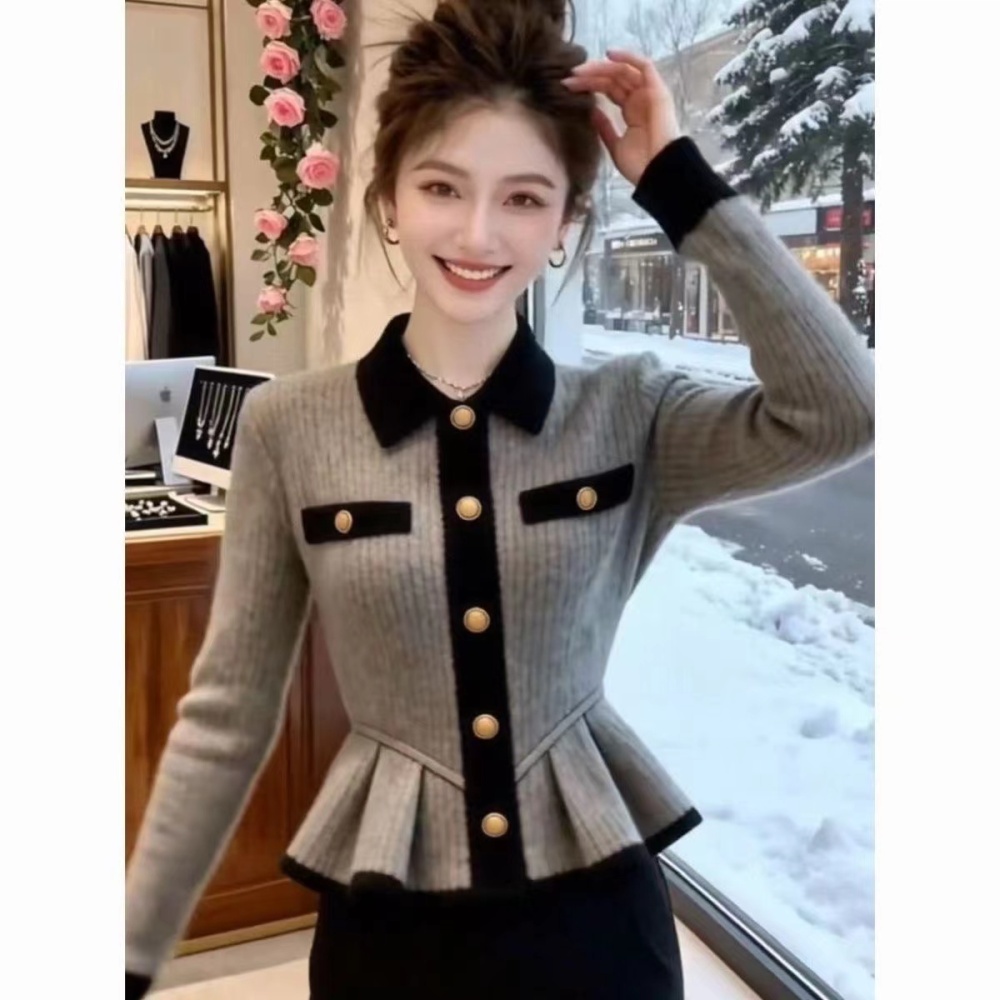 Knitted gray coat splice sweater for women