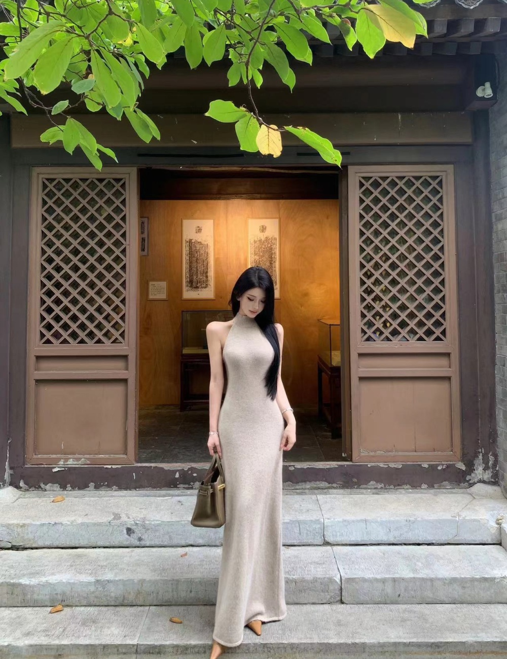 Sleeveless slim long dress knitted dress for women