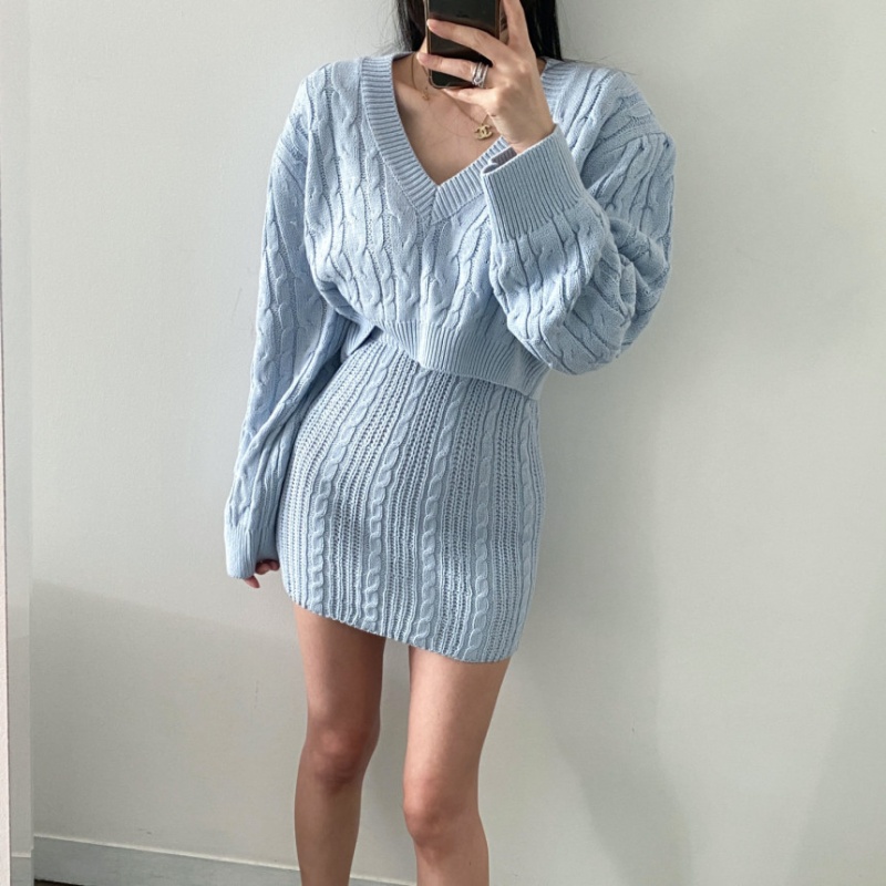 Package hip V-neck sweater slim skirt 2pcs set