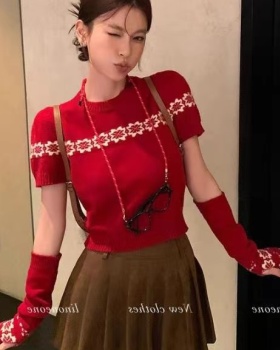 Red sweater short sleeve tops 2pcs set for women