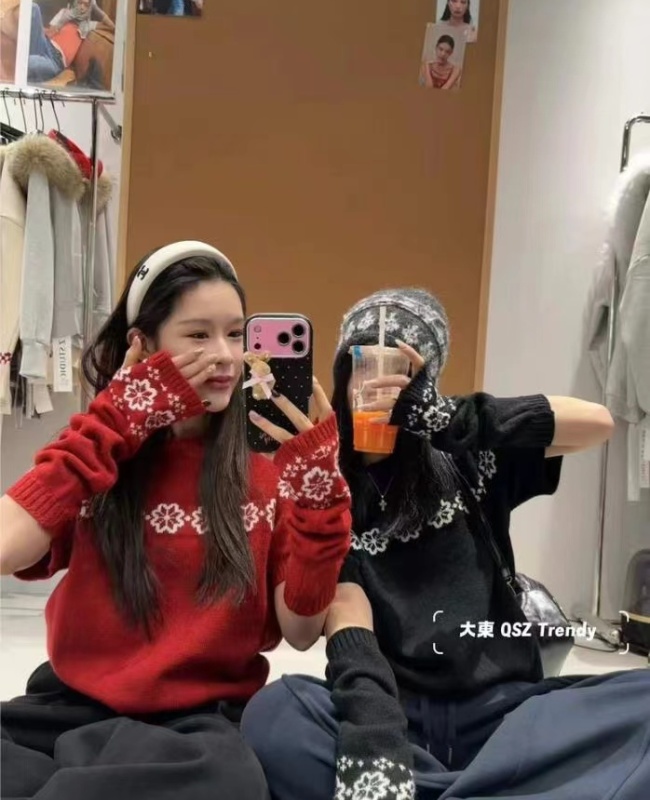 Red sweater short sleeve tops 2pcs set for women