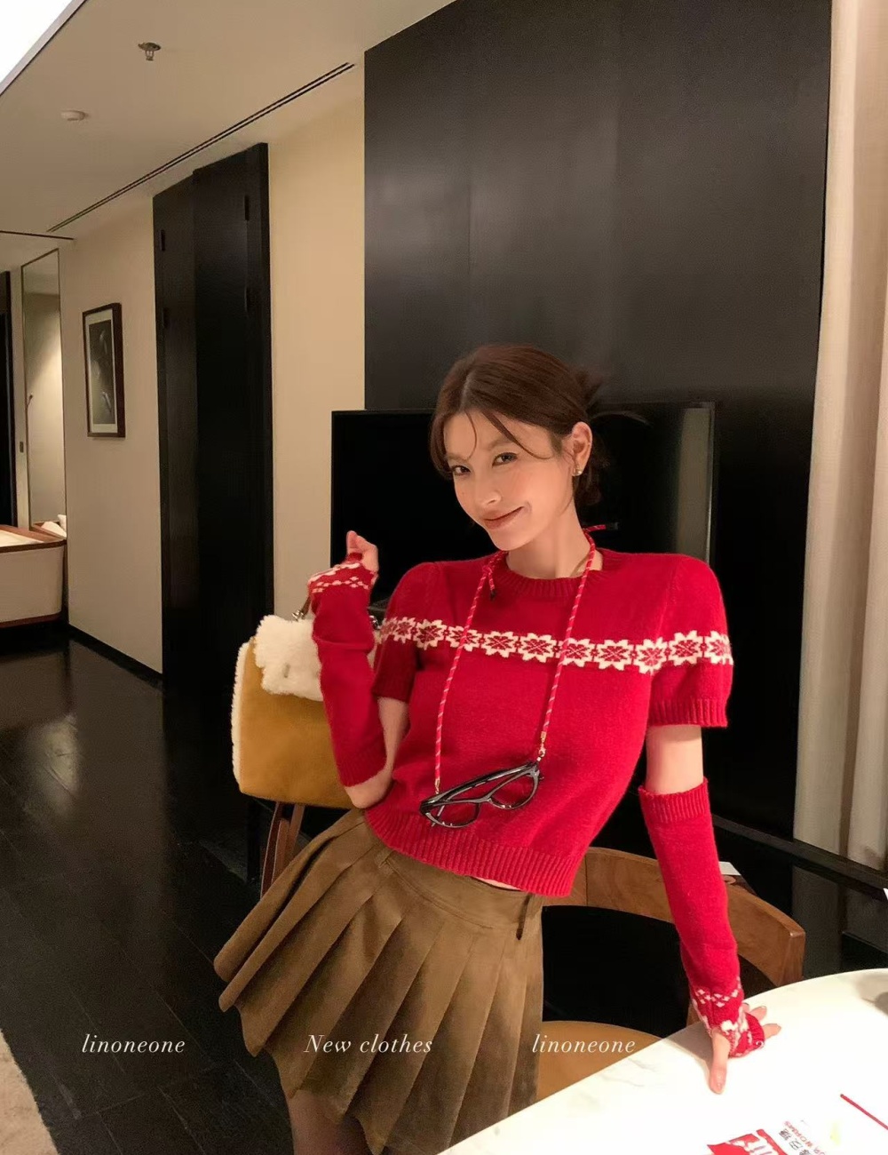 Red sweater short sleeve tops 2pcs set for women