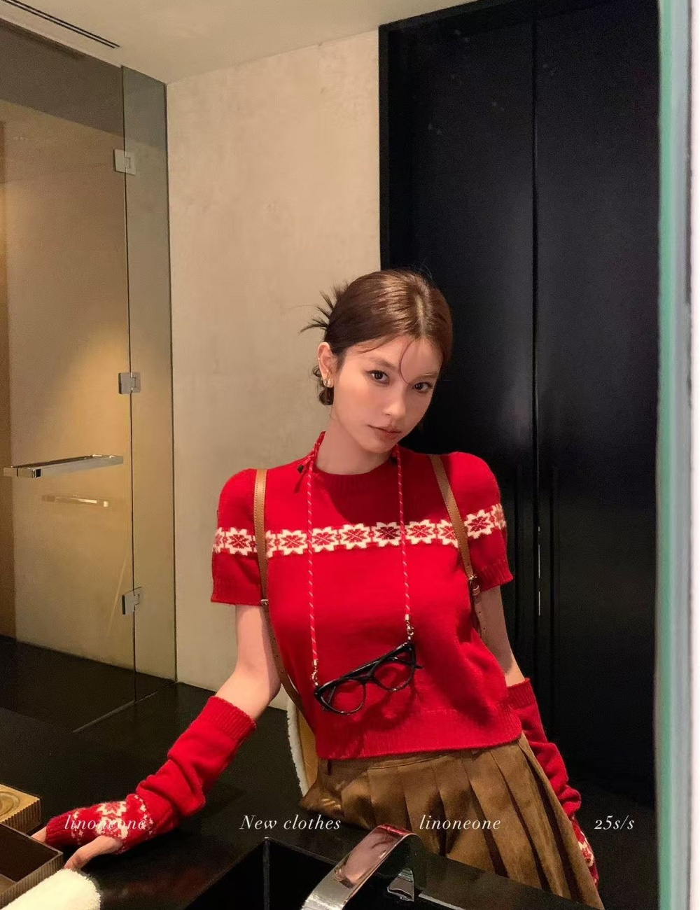 Red sweater short sleeve tops 2pcs set for women