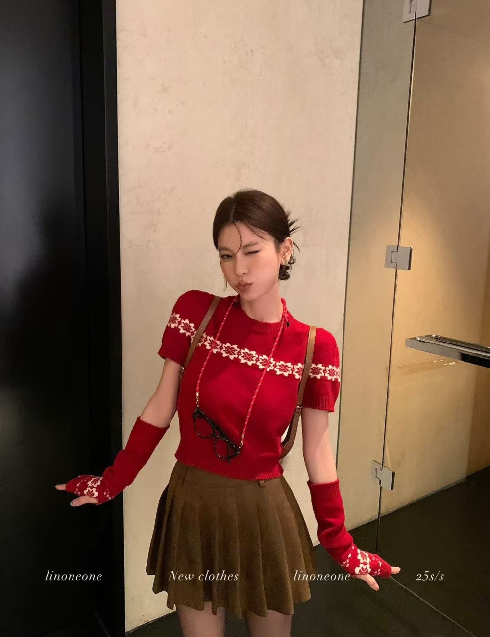 Red sweater short sleeve tops 2pcs set for women