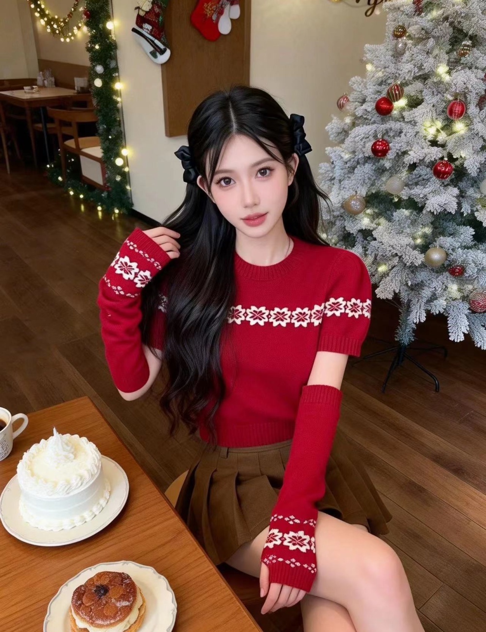 Red sweater short sleeve tops 2pcs set for women