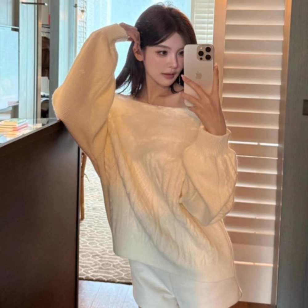 Flat shoulder lazy sweater thick blue tops for women