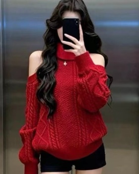 High collar twist long sleeve sweater thick loose strapless tops