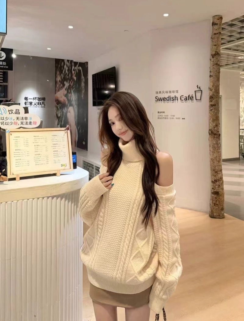 High collar twist long sleeve sweater thick loose strapless tops