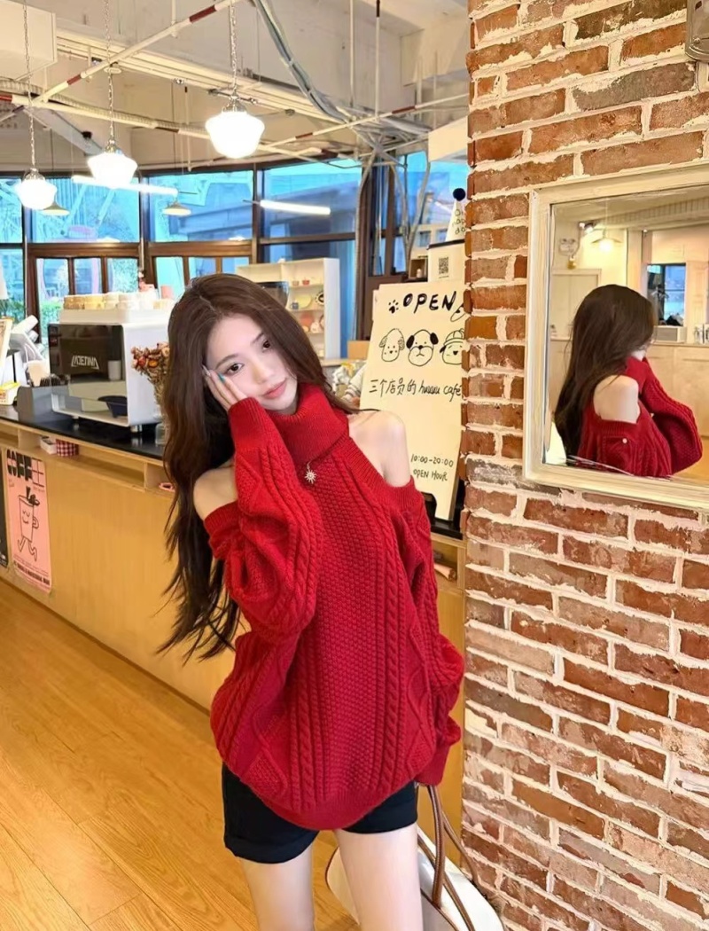 High collar twist long sleeve sweater thick loose strapless tops