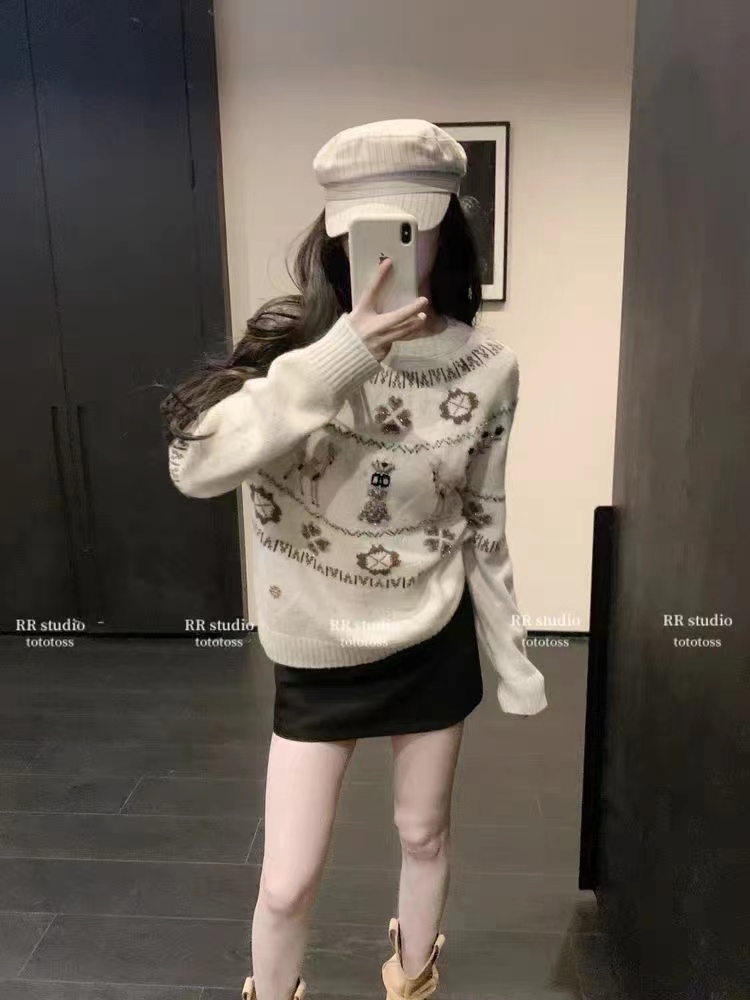 Slim thermal brown loose winter pullover sweater for women