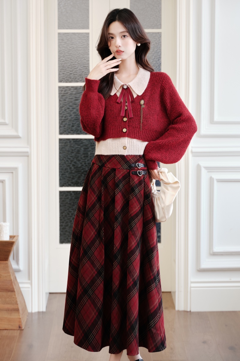 Christmas red cell pattern sueding skirt
