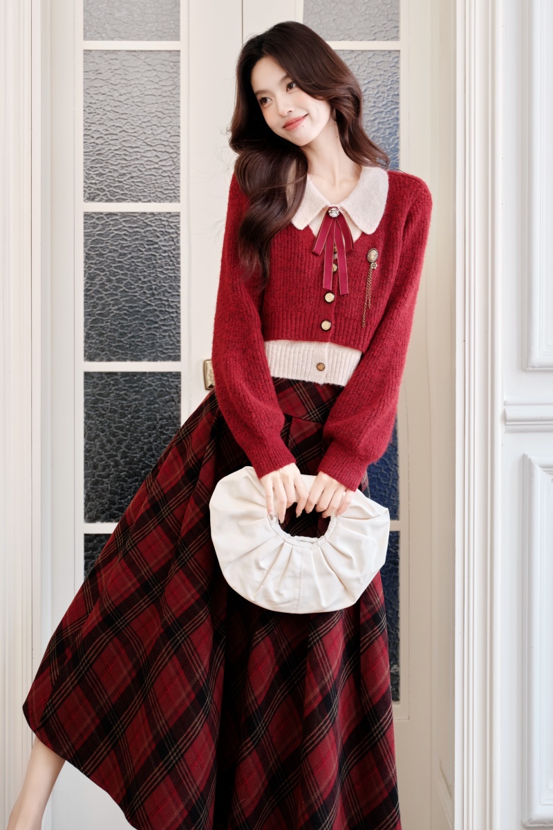 Christmas red cell pattern sueding skirt