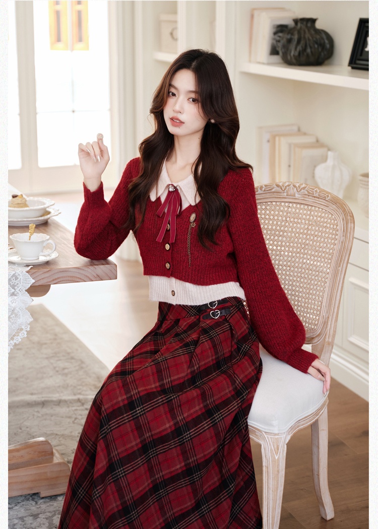 Christmas red cell pattern sueding skirt