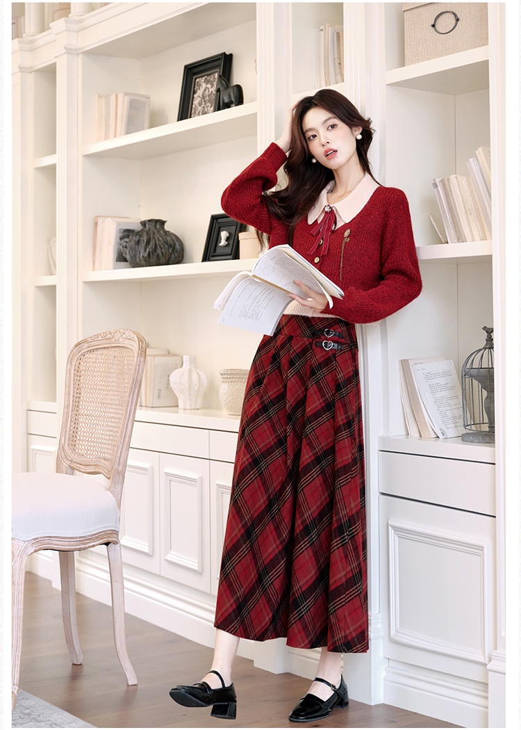 Christmas red cell pattern sueding skirt