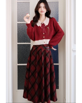 Christmas red sweater sueding red cell pattern skirt a set