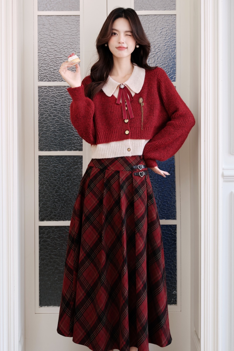 Christmas red sweater sueding red cell pattern skirt a set