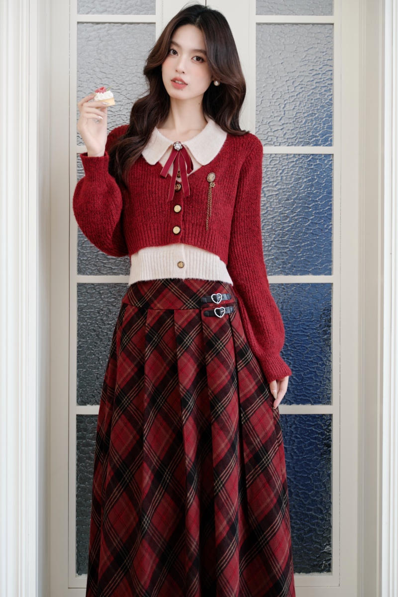 Christmas red sweater sueding red cell pattern skirt a set