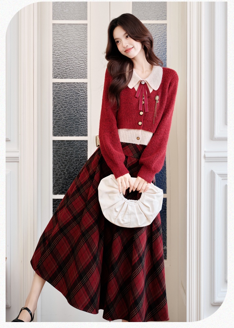 Christmas red sweater sueding red cell pattern skirt a set