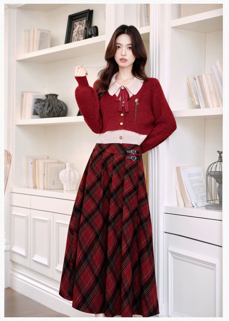 Christmas red sweater sueding red cell pattern skirt a set