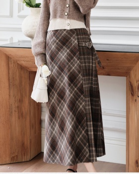 Sueding skirt plaid long skirt
