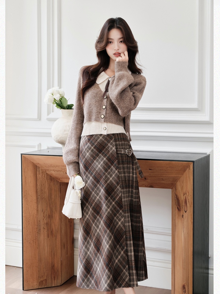 Sueding skirt plaid long skirt